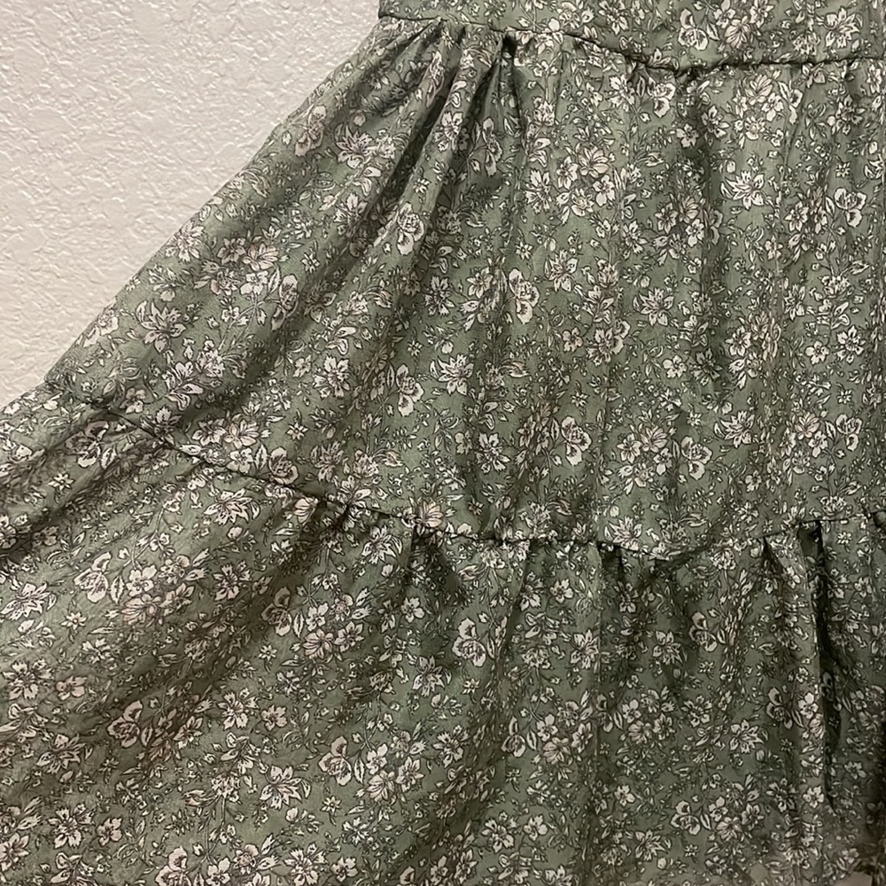 Anthropologie Olive Green Floral Tiered Mini Dress - Picture 7 of 9
